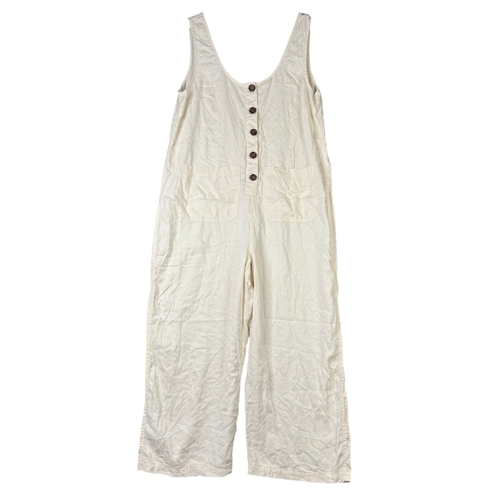 Marine Layer Hemp Tencel Button Front Wide Leg Jumpsuit Cream Large 14036